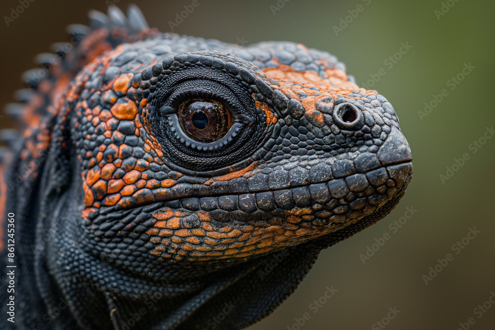 Intense close-up of a black and orange lizard with detailed scales and expressive eyes creating a captivating and striking wildlife portrait Intense close-up of a black and orange lizard with detailed scales and expressive eyes creating a captivating and striking wildlife portrait