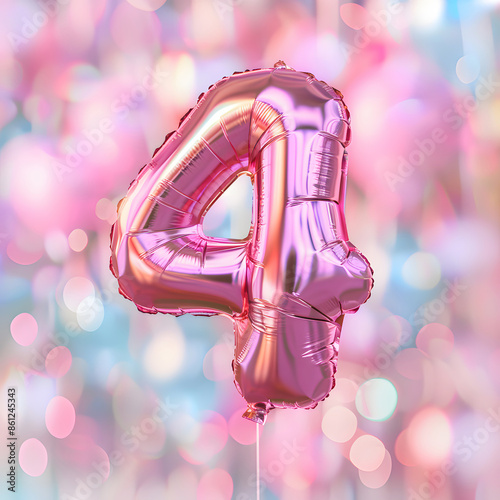 Pink number 4 balloon against a colorful bokeh background, perfect for birthdays, anniversaries, and party decorations. photo