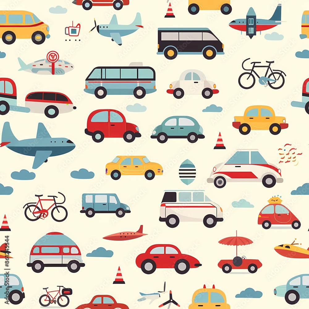 A seamless vector illustration pattern featuring cute transportation elements. Include various vehicles such as cars, bicycles, buses, and airplanes, all depicted in a playful, cartoonish style with A seamless vector illustration pattern featuring cute transportation elements. Include various vehicles such as cars, bicycles, buses, and airplanes, all depicted in a playful, cartoonish style with