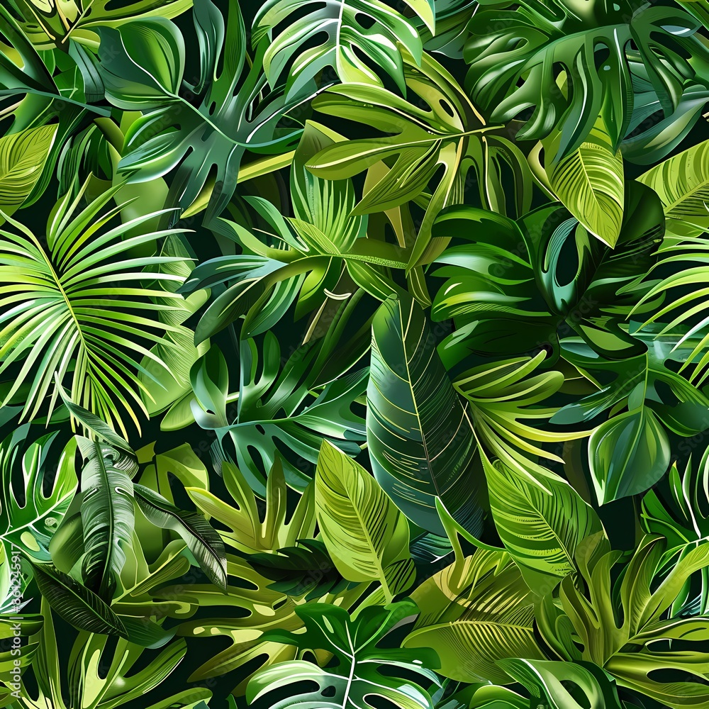 Obraz premium A seamless vector pattern of tropical leaves and plants. Illustrate various types of leaves such as monstera, palm, and banana leaves in a detailed and vibrant style. Use rich, green hues and arrange