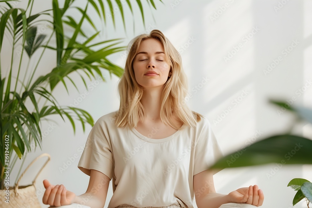 Young Woman Practicing Mindful Meditation in Tranquil Indoor Setting with Greenery Young Woman Practicing Mindful Meditation in Tranquil Indoor Setting with Greenery