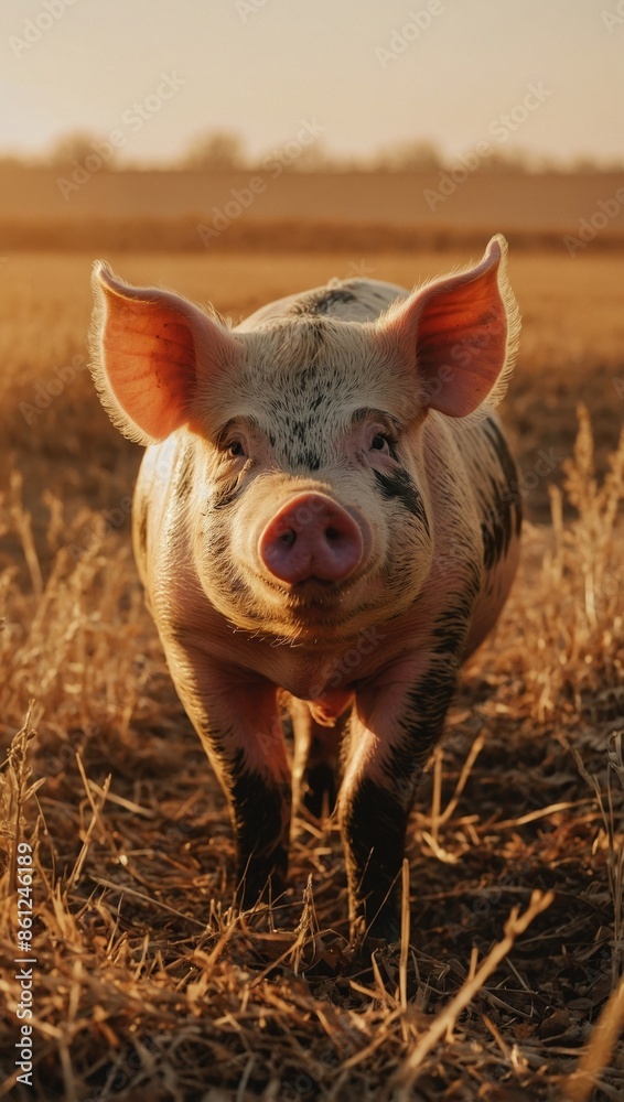 A close-up portrait of a piglet in a field during golden hour. The piglet is facing the camera with a curious expression A close-up portrait of a piglet in a field during golden hour. The piglet is facing the camera with a curious expression