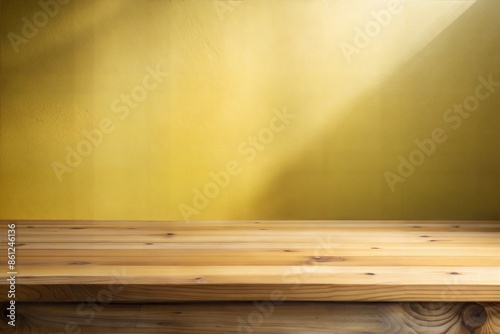 Empty wood table top on Pale Yellow Wall with Soft Gradient Shadows 