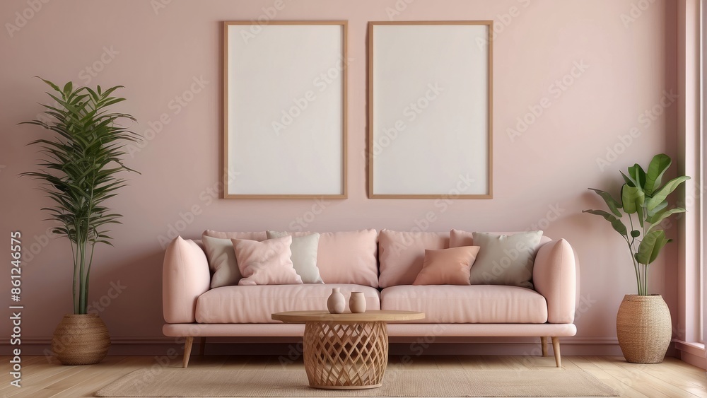 Interior home of living room with empty frame mock up and sofa on pink wall Interior home of living room with empty frame mock up and sofa on pink wall