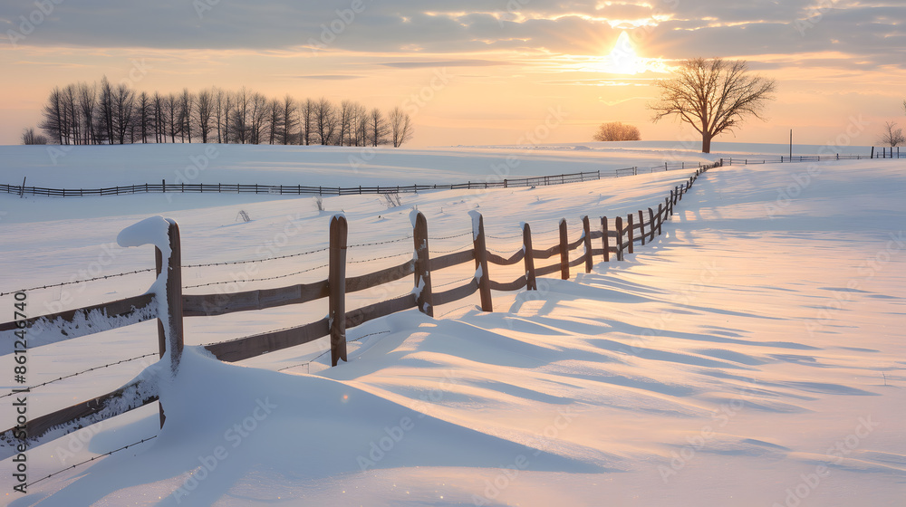 Naklejka premium An expansive winter field, blanketed in freshly fallen snow, with a lone wooden fence cutting across the scene. The fence creates a striking contrast against the white landscape. In the distance, a sm