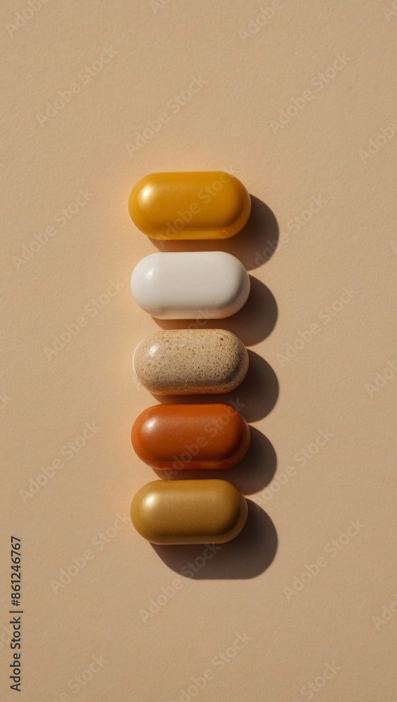 A flat lay image of colorful pills arranged in a row on a beige background, bathed in warm golden hour light A flat lay image of colorful pills arranged in a row on a beige background, bathed in warm golden hour light