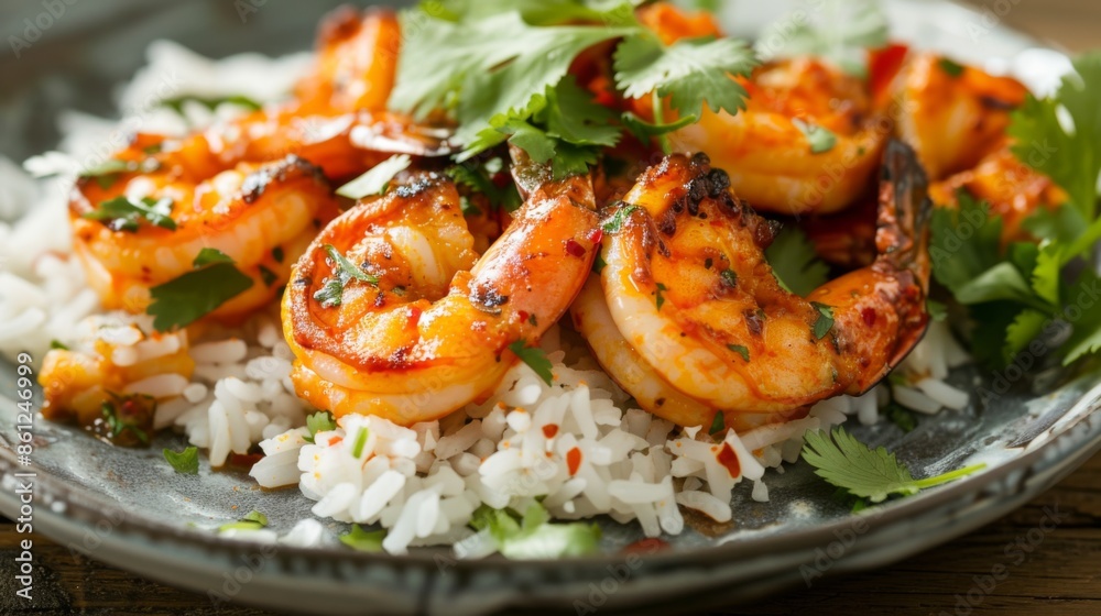 A plate of spicy grilled shrimp served with rice and garnished with cilantro leaves A plate of spicy grilled shrimp served with rice and garnished with cilantro leaves