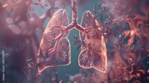 A dynamic 3D animation of the lungs inflating and deflating during respiration. (Emphasize clear visuals of the respiratory system) photo
