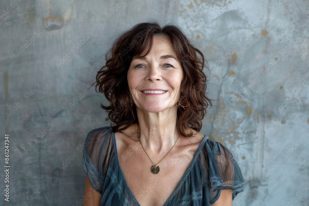 Portrait of a joyful woman in her 50s smiling at the camera on plain cyclorama studio wall Portrait of a joyful woman in her 50s smiling at the camera on plain cyclorama studio wall