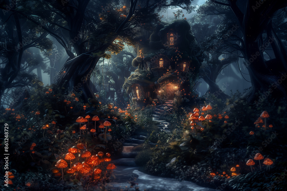 Cozy house nestled in an enchanted forest with glowing lights and vibrant mushrooms creating a magical and mysterious night scene