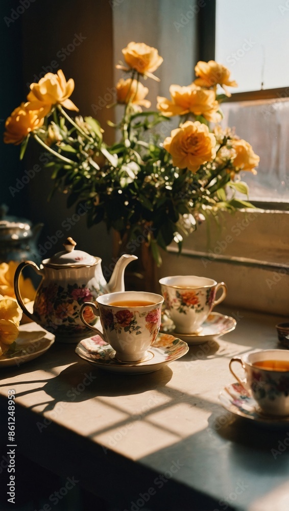A cozy tea setting with a teapot and teacups, bathed in warm golden hour light, with a vase of yellow roses in the background A cozy tea setting with a teapot and teacups, bathed in warm golden hour light, with a vase of yellow roses in the background