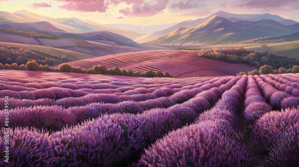 Lavender fields stretch to the horizon under a colorful sky with mountains in the background, creating a serene and picturesque landscape. Lavender fields stretch to the horizon under a colorful sky with mountains in the background, creating a serene and picturesque landscape.