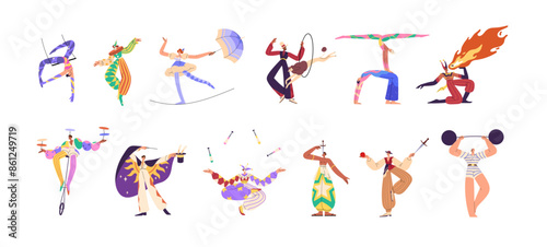 Circus artists, carnival performers set. Different people show on cirque: funny clown, magician, acrobats, juggler, trainer of dog. Festival entertainment. Flat isolated vector illustrations on white