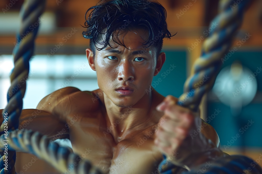 Obraz premium Muscular shirtless man holding rope