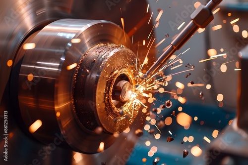 Metalworking Sparks from Lathe Grinder Machine in Industrial Workshop photo