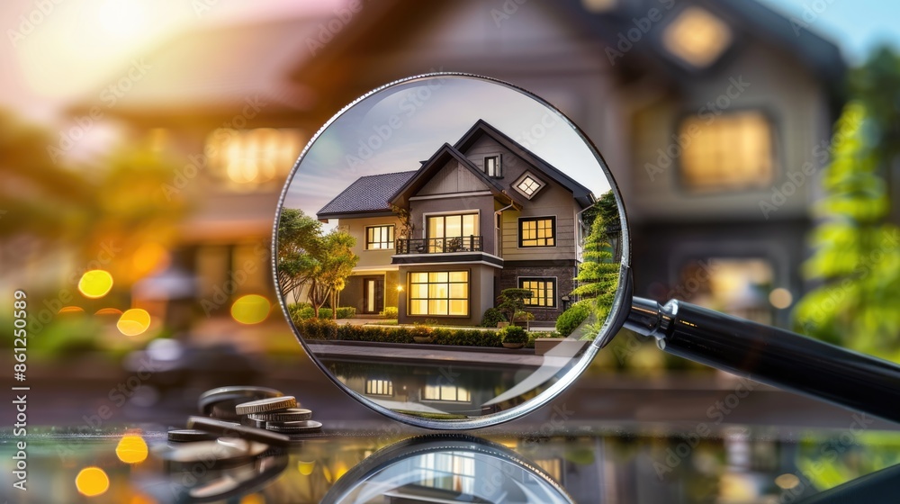 Fototapeta premium Checking and searching home with magnifying glass. Choice of house to buy and invest in. Concept of real estate inspection, appraisal, property, land valuation, house search