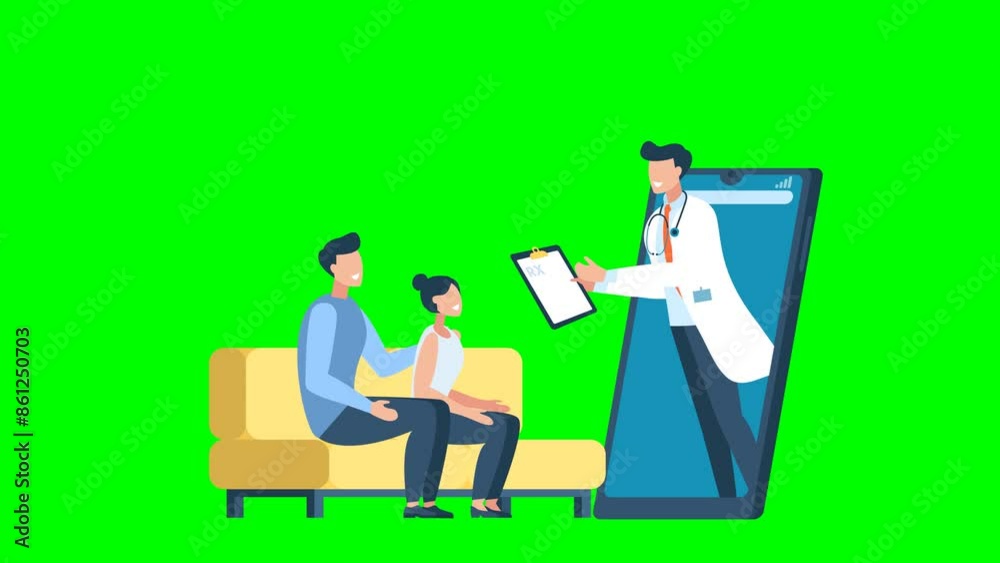 Remote medical care, support. Remote medicine. Doctor online. Man and woman, with doctor via video call. Family at an online appointment with a doctor. Couple on sofa. 2d flat animation. Alpha channel Remote medical care, support. Remote medicine. Doctor online. Man and woman, with doctor via video call. Family at an online appointment with a doctor. Couple on sofa. 2d flat animation. Alpha channel