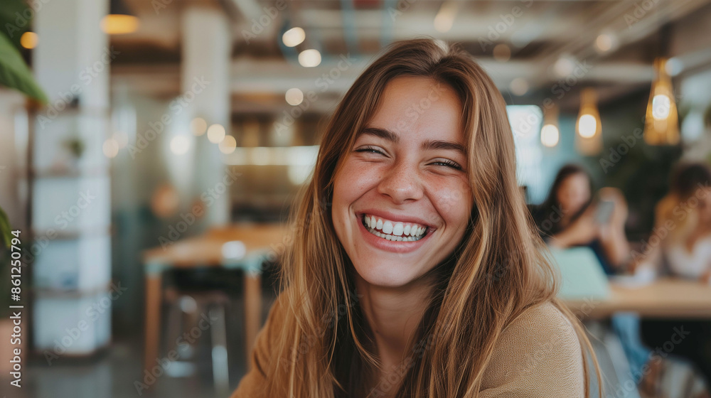 Close-up portrait of a laughing blonde woman in the open space office Close-up portrait of a laughing blonde woman in the open space office