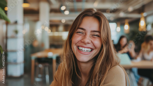 Close-up portrait of a laughing blonde woman in the open space office