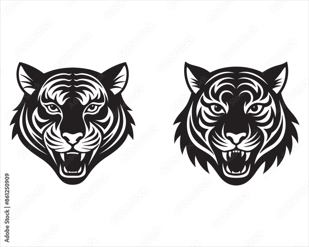 A tiger face in a black and white pattern - created with Generative AI technology A tiger face in a black and white pattern - created with Generative AI technology