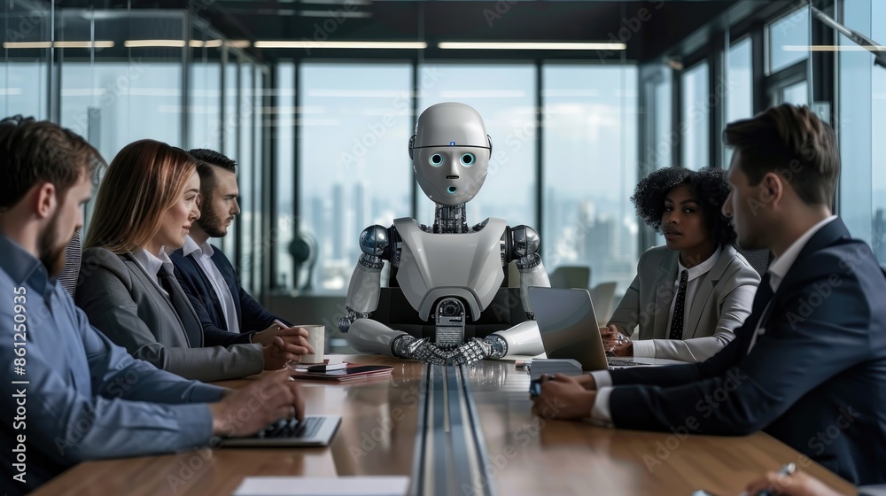 Fototapeta premium AI Robot meeting with executives in office. IT team of future. Futuristic worker. Giving business guidance