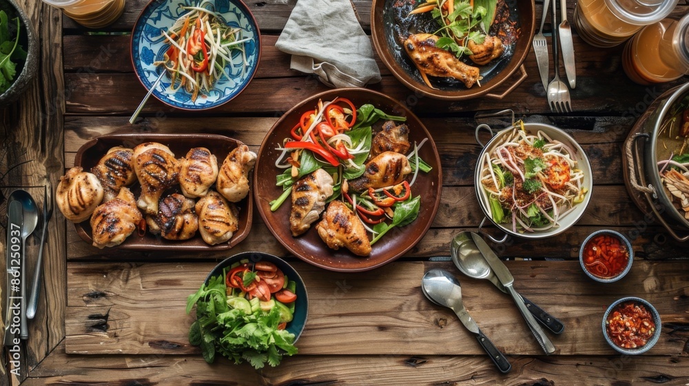 A rustic wooden table set with grilled chicken thighs and som tam, ready for a family meal A rustic wooden table set with grilled chicken thighs and som tam, ready for a family meal