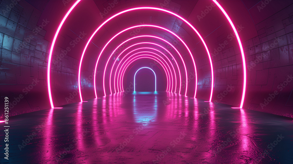 Moving through a tunnel of concetric pink neon arcs pulsating on a black background, energy, electricity, colour and movement concept, digitally generated image, Exhibition background with glowing
Moving through a tunnel of concetric pink neon arcs pulsating on a black background, energy, electricity, colour and movement concept, digitally generated image, Exhibition background with glowing
