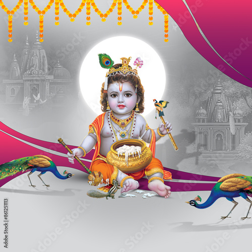 Konstfotografi Indian festival of happy shree Krishna janmashtami with peacock , janmashtami greetings , banner , poster design