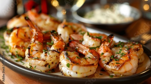 A seafood restaurant setting with a platter of grilled shrimp served with garlic butter sauce