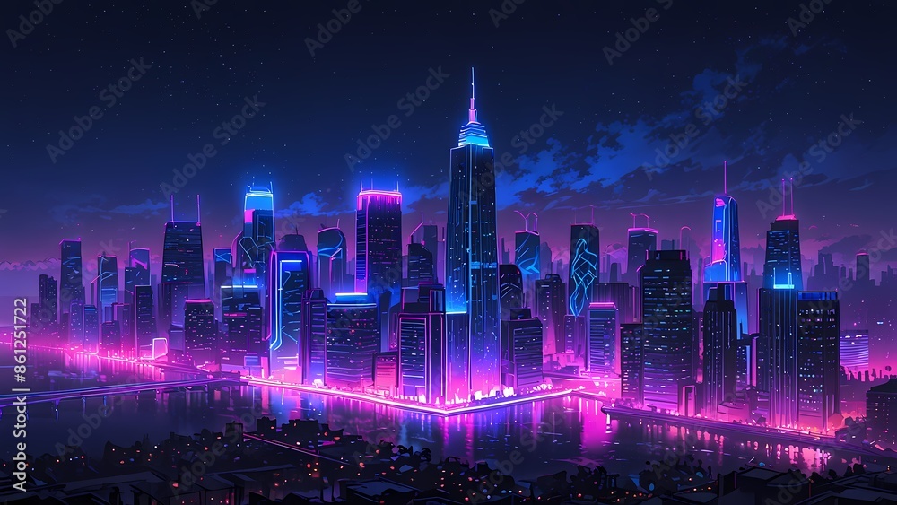 Anime illustration, anime lo-fi background scene of neon city light , neon city drone view Anime illustration, anime lo-fi background scene of neon city light , neon city drone view