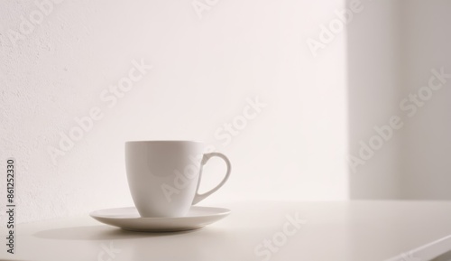  a white coffee cup sitting on top of a white table next to a white wall,