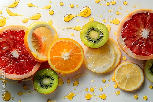Multiple fruit slices on table photo