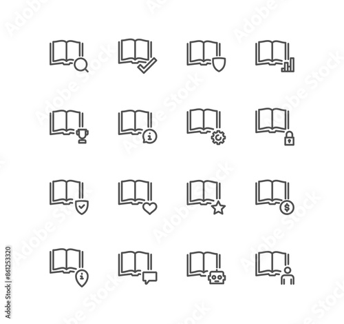 Set of book related icons, organizer, learning, reader, diary, library, textbook, pages, education and linear variety vectors.	
