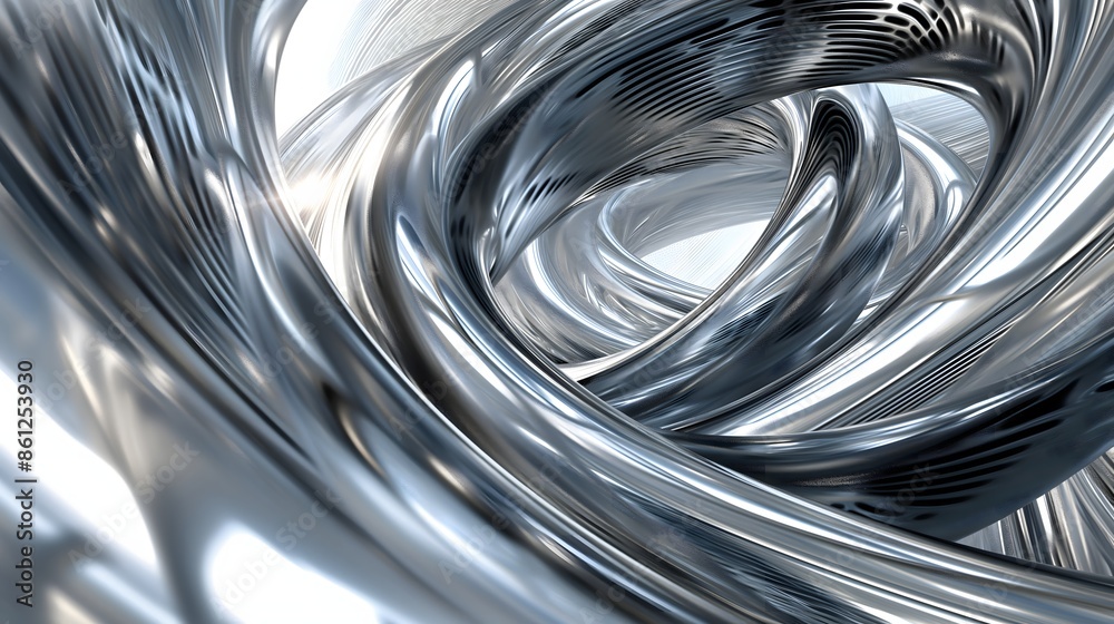 Fototapeta premium 1. Create a dynamic swirl of interconnected metallic ribbons, weaving through space against a futuristic backdrop in shades of silver and chrome.