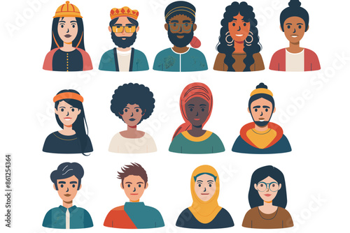 Diverse Set of Colorful and Expressive Avatar Icons Representing People of Various Ethnicities and Styles