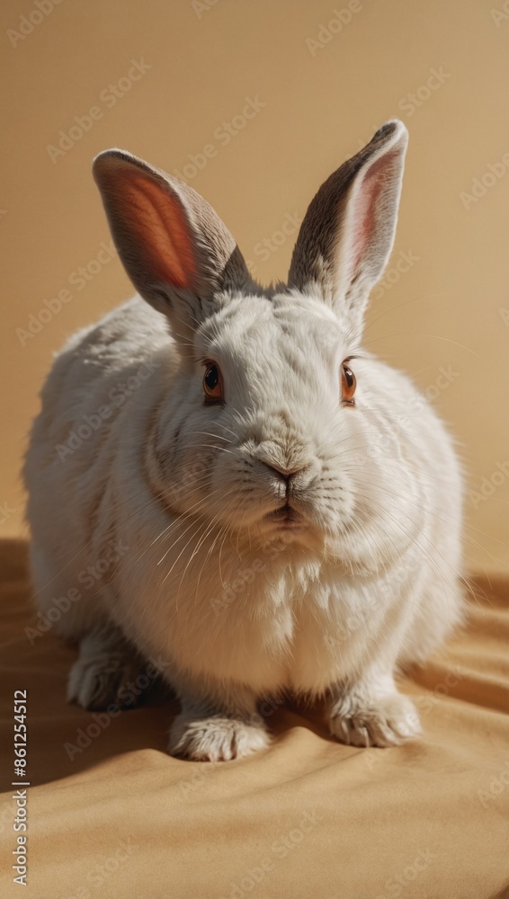 Fototapeta premium A white rabbit sits on a beige fabric with golden hour lighting illuminating its fluffy fur