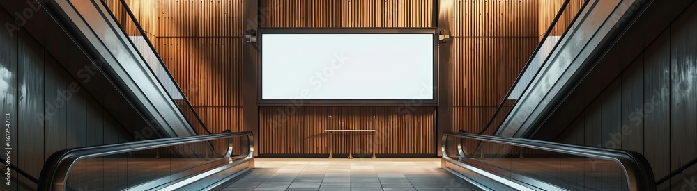 Photo of an empty billboard in the middle. Two escalators on each side Photo of an empty billboard in the middle. Two escalators on each side