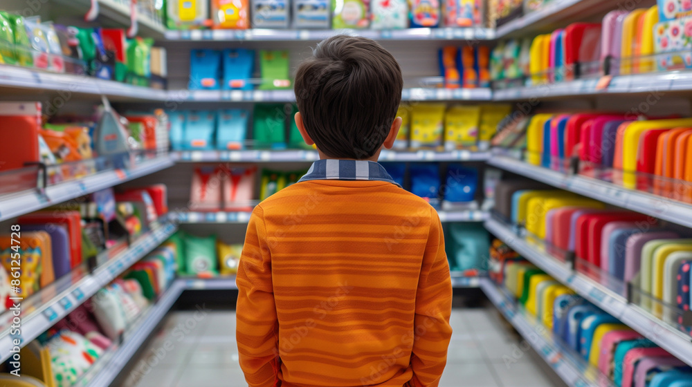 'child excitedly comparing pencil cases in a store, vibrant and fun designs on the shelves' 