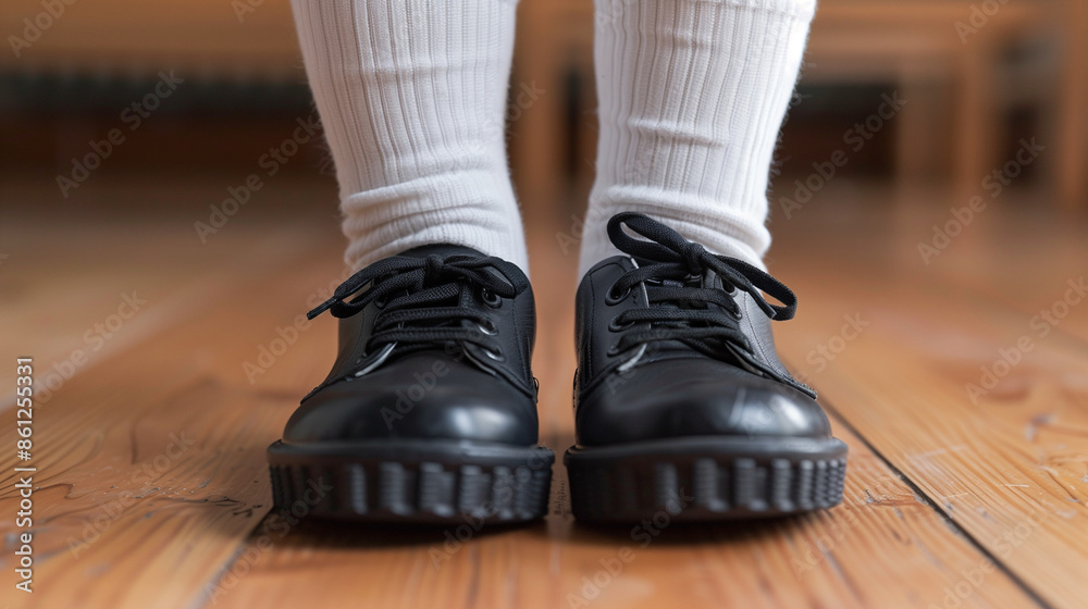 'closeup of school shoes and socks, neatly polished black shoes with white socks, wooden floor background' 'closeup of school shoes and socks, neatly polished black shoes with white socks, wooden floor background'