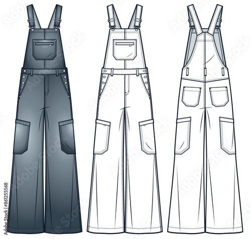 Wide Leg Dungarees fashion technical drawing template. Denim Overalls, Jumpsuit technical fashion illustration, pockets, oversize, front and back view, white, gray, women, men, unisex CAD mockup set.
