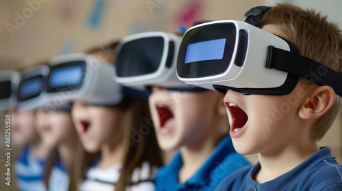 'group of children using virtual reality headsets for an immersive educational experience, excited expressions' 