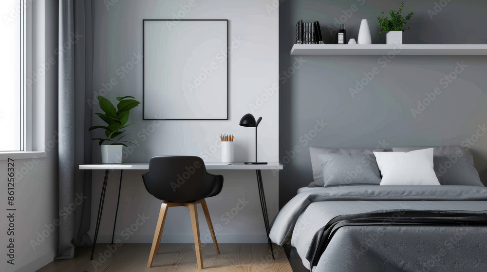 'minimalist student bedroom with a study desk, bed, and shelves, all in monochrome tones' 'minimalist student bedroom with a study desk, bed, and shelves, all in monochrome tones'
