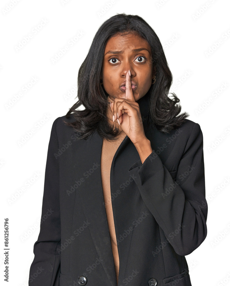 Young Indian woman in business suit keeping a secret or asking for silence. Young Indian woman in business suit keeping a secret or asking for silence.