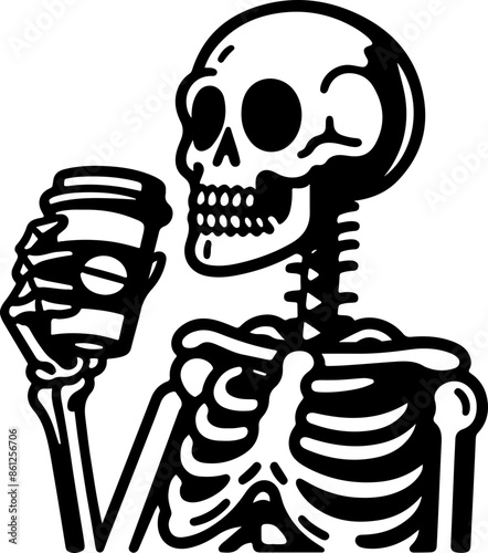 skeleton drinking coffee line art illustration