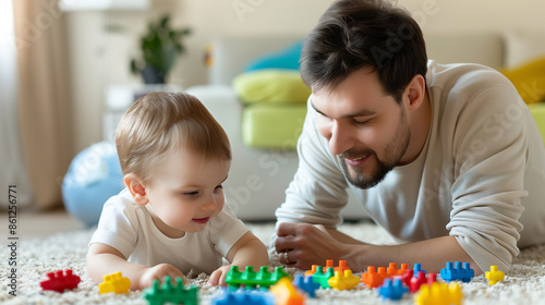 'parent and child playing a learning game together, colorful and educational toys on the floor' 