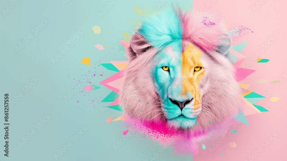 Fototapeta premium Lion's face split symmetrically with vibrant pink and blue colors, blending abstract geometric shapes, embodying strength and duality.