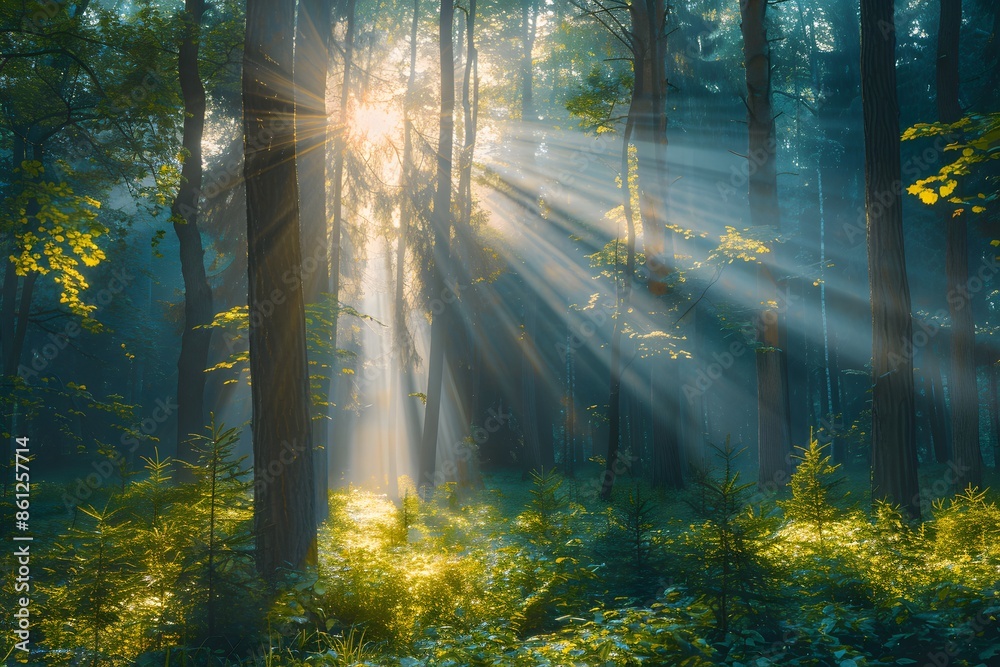 Obraz premium Forest sunlight filtering through green leaves