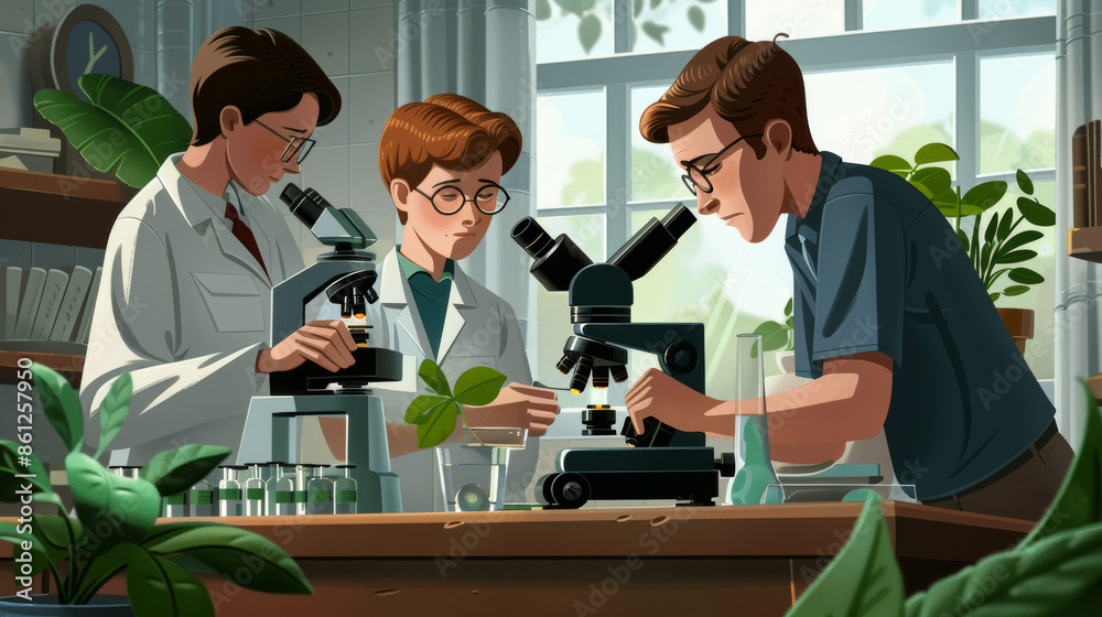 'students in a biology class examining specimens under microscopes, teacher guiding, classroom