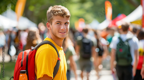 'students attending a university club fair, exploring different booths and signing up for activities, vibrant campus scene' 