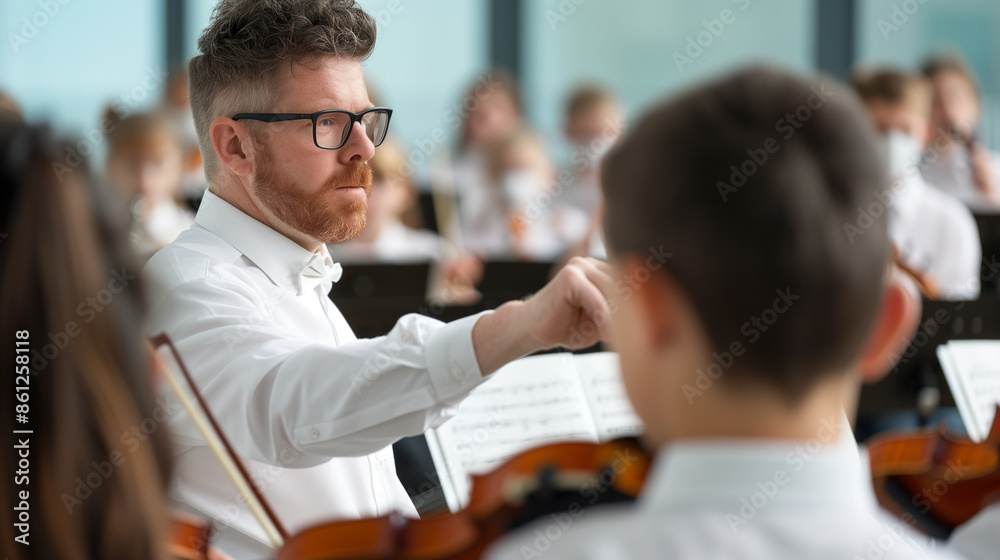 'students in a music class practicing instruments for a performance, teacher conducting' 'students in a music class practicing instruments for a performance, teacher conducting'